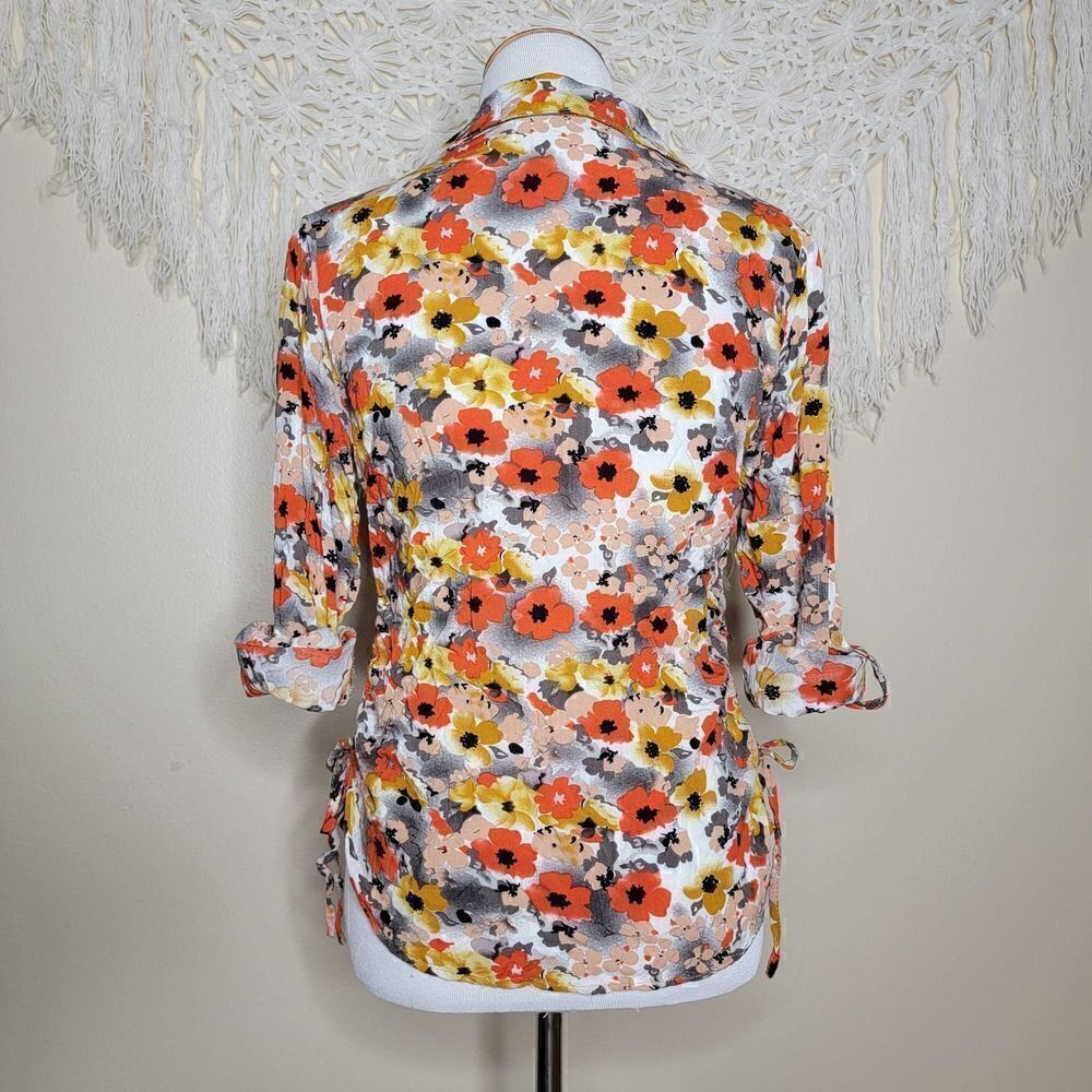 Ms Bella D Floral Long Sleeve Tie Hip Blouse Orange Gray Pink Size Small - Picture 2 of 14